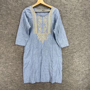 MD Dress Women 2XL Blue Geometric Embroidered Shift Midi 3/4 Sleeve Casual